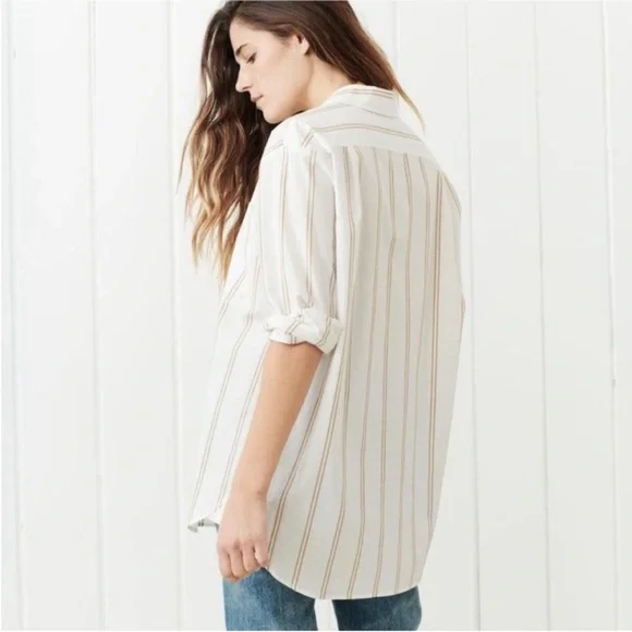 Jenni Kayne Boyfriend Khaki and White Double Striped Button Up Shirt - XL